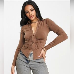 ASOS DESIGN ruched plunge shirt in slinky in brown - Size 2
